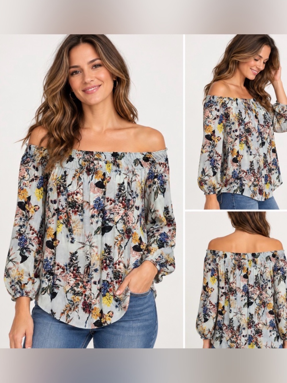 Karen Kane Floral Off-the-Shoulder Top Women's XS Blue Multicolor Pull On